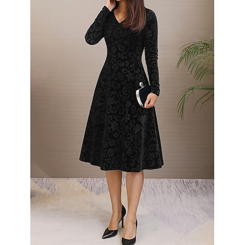 Velours-Maxikleid für Damen A-Linien-Kleid lässig täglich Feiertage Ausgehen reguläre Passform floral lange Ärmel V-Ausschnitt Schwarz Weinrot Blau Lila Frühling Herbst Winter Image