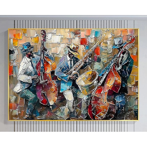 großes abstraktes Jazzband Ölgemälde auf Leinwand Wandkunst, original schwarze Jazzmusik Kunst individuelle Malerei Mode Dekor Wohnzimmer Wohndekor Image