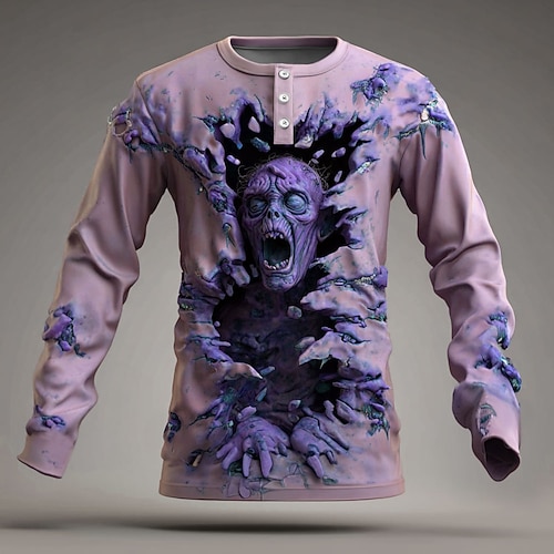 Herren Zombies Henley Hemd Langarm Mode Niedlich Täglich Lässig Ferien Ausgehen Herbst Frühling Herbst Grün Violett Blau Khaki Henley Henley T-Shirt Image