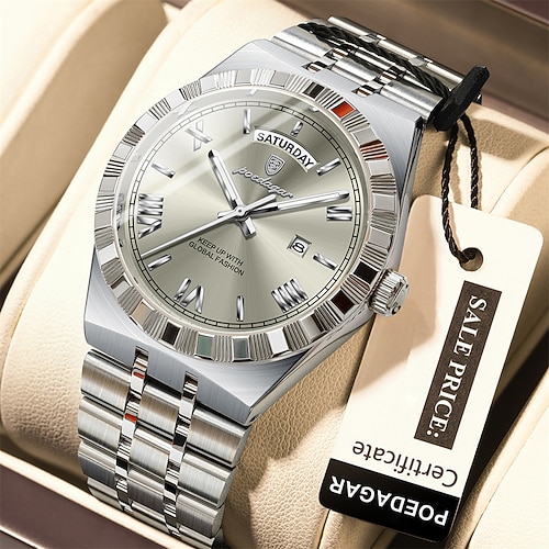 poedagar Luxus-Business-Mann-Uhr Woche Datum wasserdicht leuchtende Uhren für Männer Edelstahl Quarz Herrenmode Armbanduhr Image