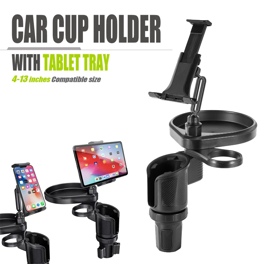 Neues Auto-Getränkehalter-Tablett, verstellbar mit Telefonhalter, Tablet-Tablett, Tisch, 2 Getränkehalter, Roadtrip und Auto-Reisen, unverzichtbares Gadget Image