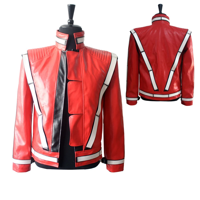 Punk Neuheit Seltene Coole Herren Rote MJ Michael Jackson Thriller Open Stitch Vocal Concert Leder Modejacke Oberbekleidung