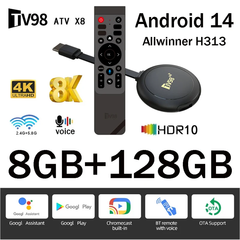 TV98 ATV X8 Smart TV Stick iptv Allwinner H313 Quad-Core 4G 5G Dual Wifi HD 8K 4K BT 5.0 8GB 128GB Sprachfernbedienung Android 14 Image
