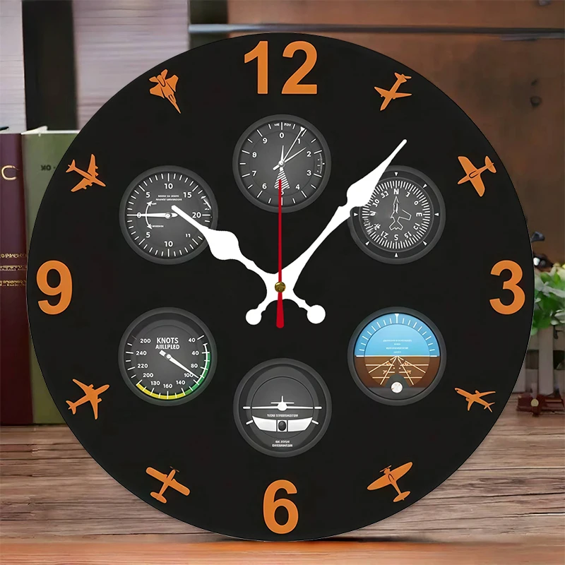 Fluginstrument, runde, geräuschlose Wanduhr aus Holz zum Aufhängen, geeignet für Wohnzimmer, Büro, Arbeitszimmer, Schlafzimmer, Heimdekoration Image