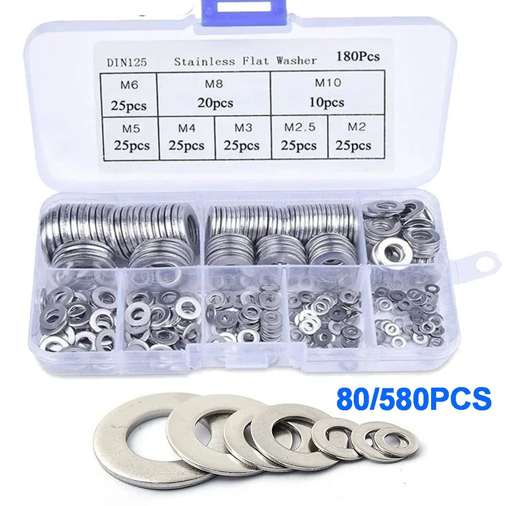 580-teiliges Edelstahl-Unterlegscheiben-Sortiment an Unterlegscheiben, Größe 9, M2, M2,5, M3, M4, M5, M6, M8, M10, M12, 80–180 Stück Edelstahldichtung Image