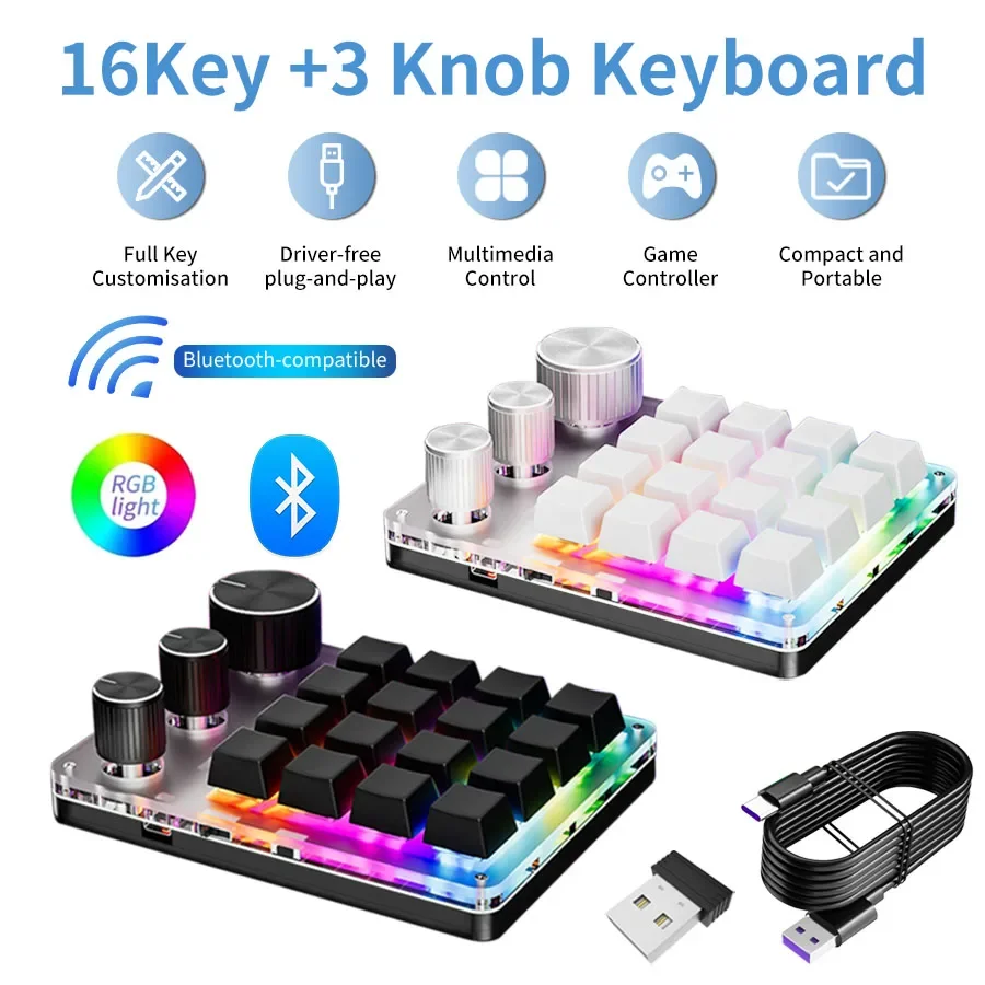 16-Tasten-3-Knopf-Makro-Tastatur, individuelle Programmierung, 2,4 G, Bluetooth, USB, kabelgebunden, 3 Modi, mechanische Tastatur, Programmierung, Makro-Gaming Image