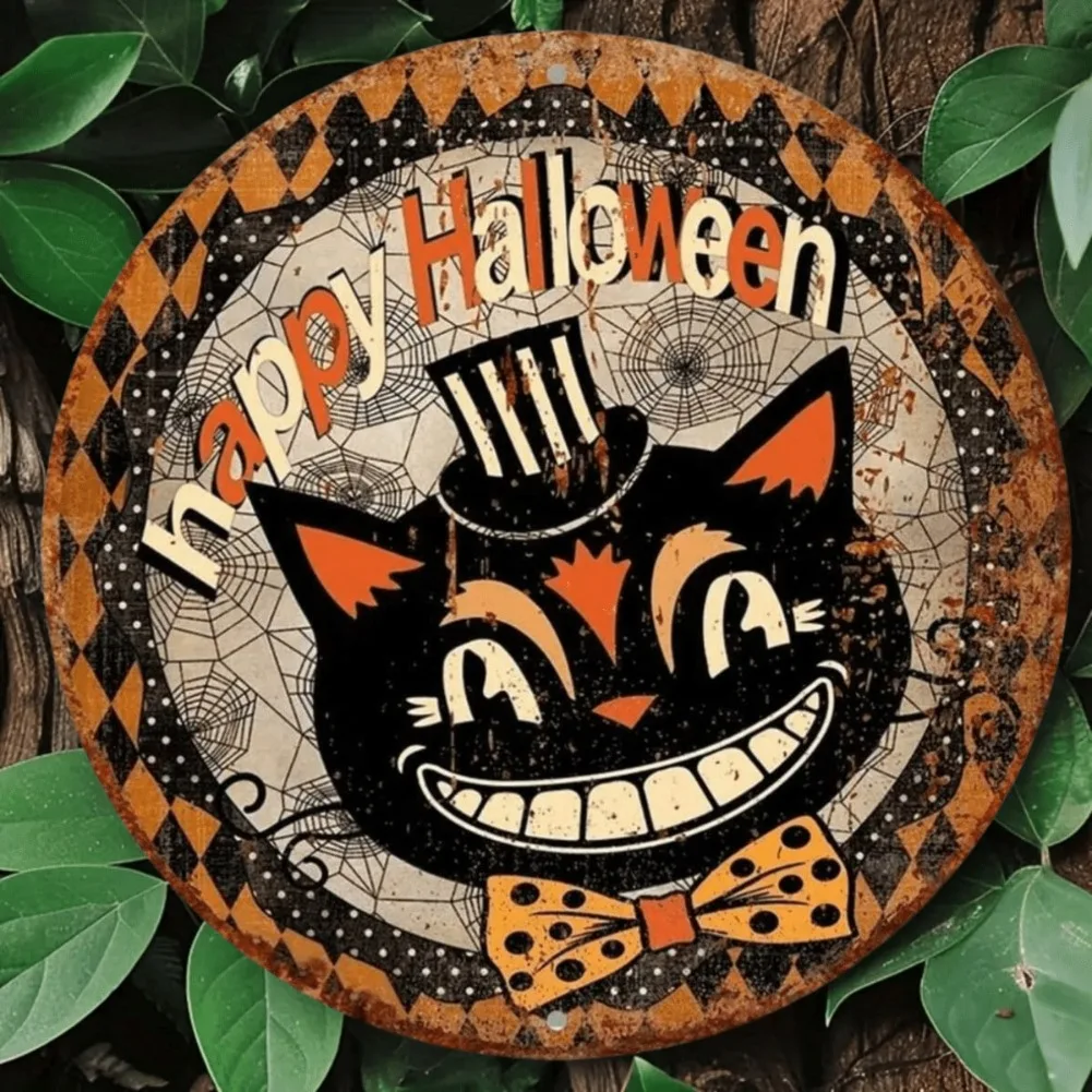 20,3 x 20,3 cm rundes Vintage-Halloween-Metallschild (1 Stück) – Happy Spooky Black Cat-Kranz, vorgebohrt für Zuhause/Büro Image
