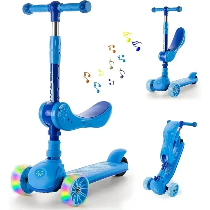 2-in-1-Kick-Scooter für Kinder mit LED-beleuchteten Rädern, höhenverstellbar, breites Deck, 3-Rad-Scooter, Sitz-/Ständer, Kind, Kleinkind, Outdoor-Spielzeug Image