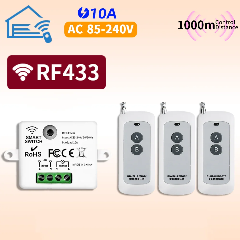 RF433 drahtlose Fernbedienung Wandschaltermodul 110V 220V 10A Miniatur-Magnetsteuerrelais Haushaltslampe Ventilator LED TV Image