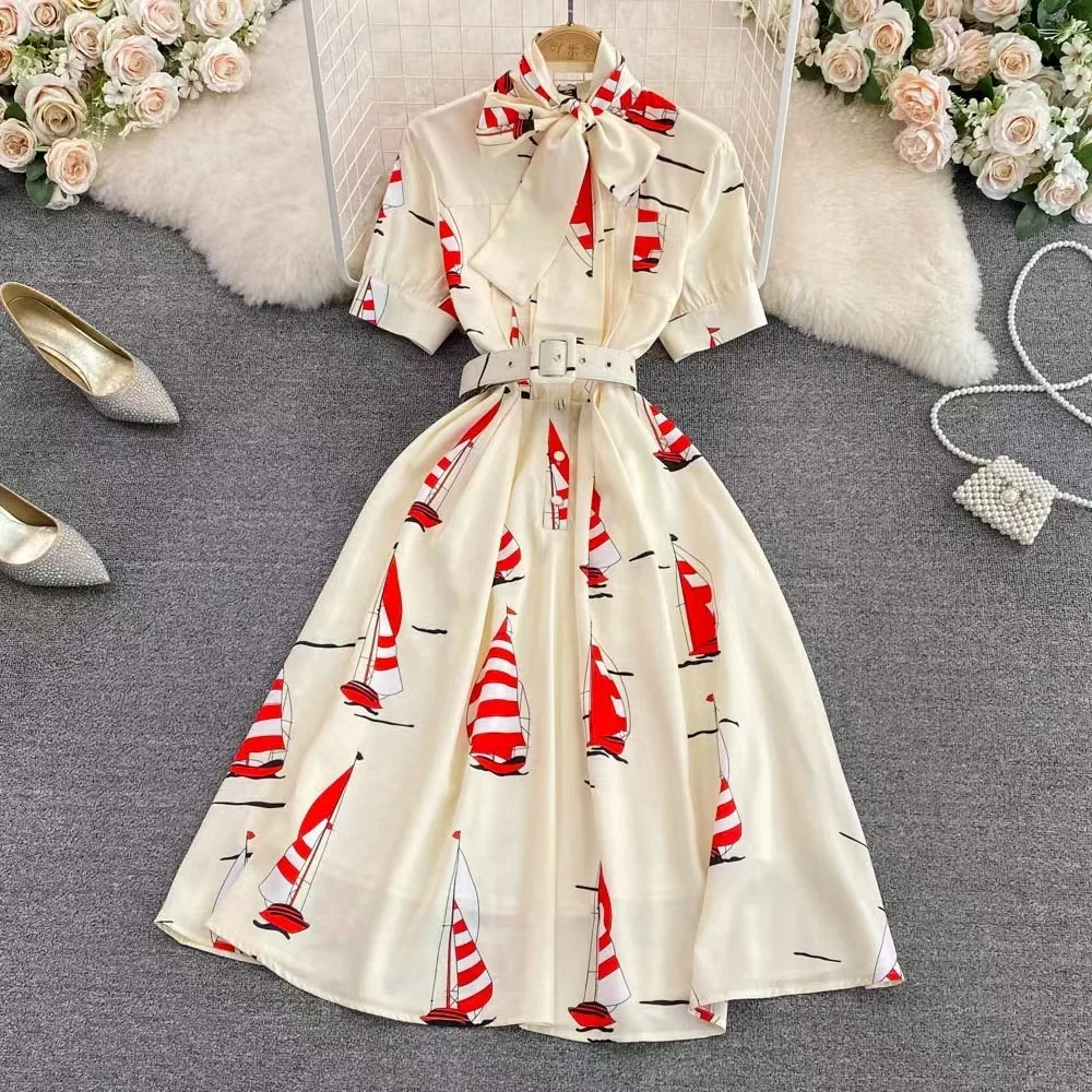 Fashion Light Luxury Stand Collar Bow Wrapped Waist Print A-Line Dress Women