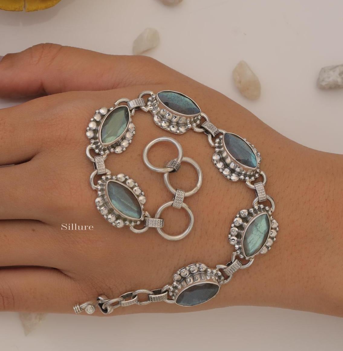 Bracciale in labradorite - Bracciale in argento sterling 925 - Bracciale boho - Gioielli con pietre preziose naturali - Bracciale hippie - Bracciale d