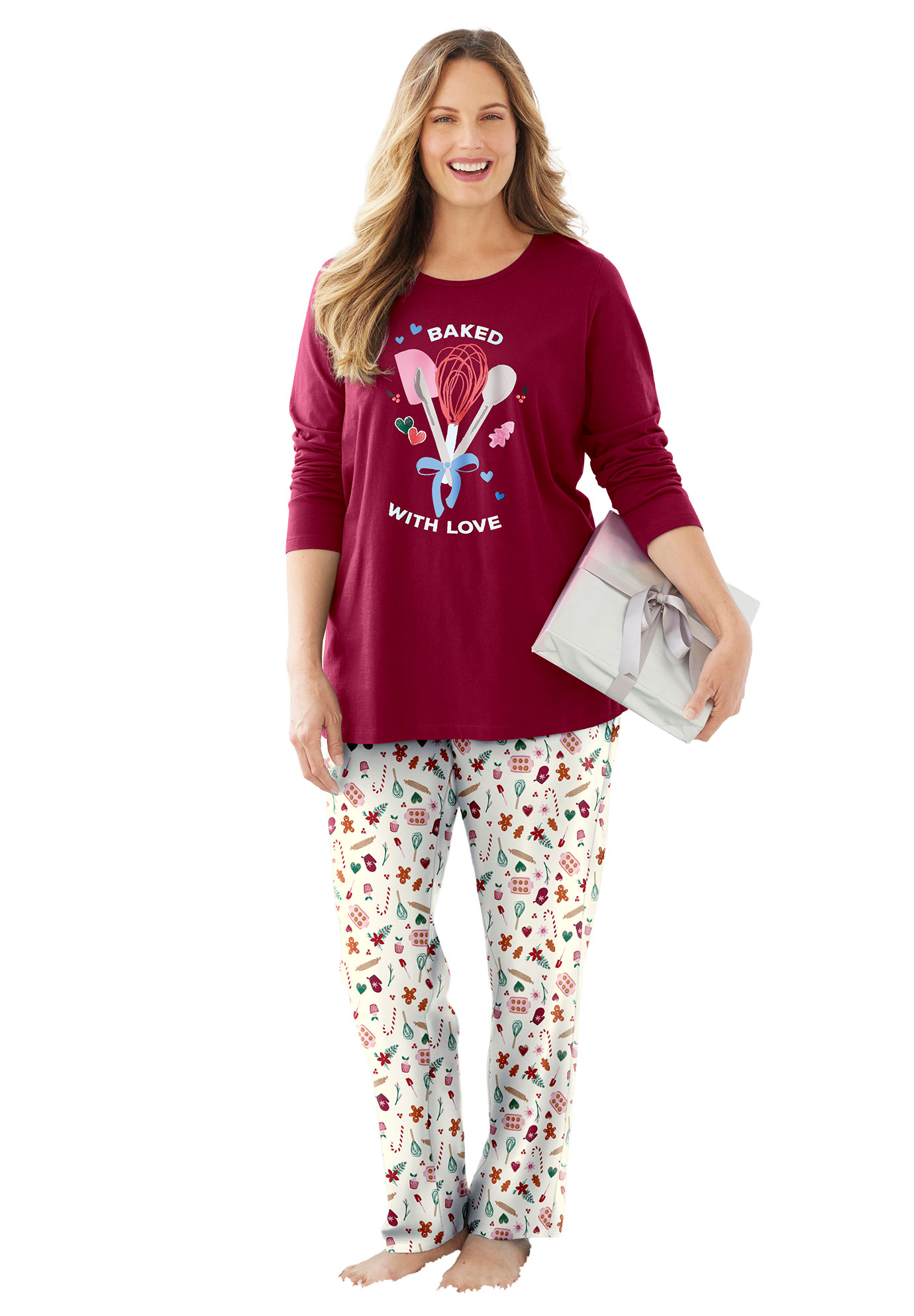 Plus Size Women's Long Sleeve Knit PJ Set by Dreams & Co. in Pomegranate Love (Size 42/44) Pajamas