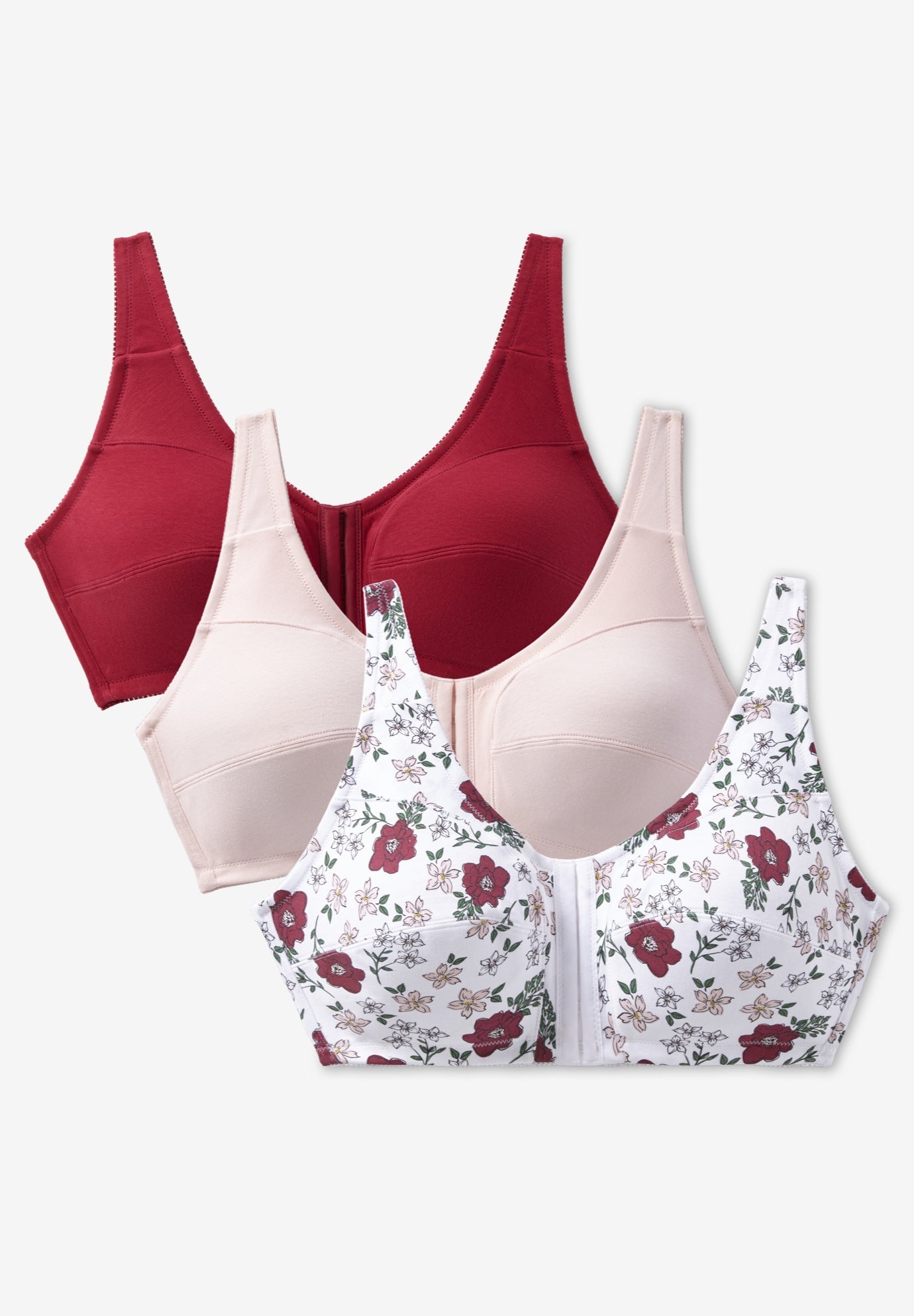 Plus Size Women's 3-Pack Front-Close Cotton Wireless Bra by Comfort Choice in Shell Pink Assorted (Size 40 DDD)