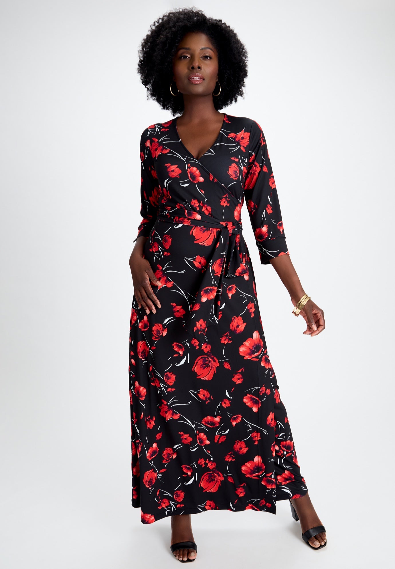 Plus Size Women's Stretch Knit Faux Wrap Maxi Dress by The London Collection in Black Red Poppies (Size 32 W)