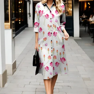 Fashionable Floral Print Shirt Dress Elegant Long Dress For Women V-neck Long-sleeved Dress Loose And Comfortable Evening Dress