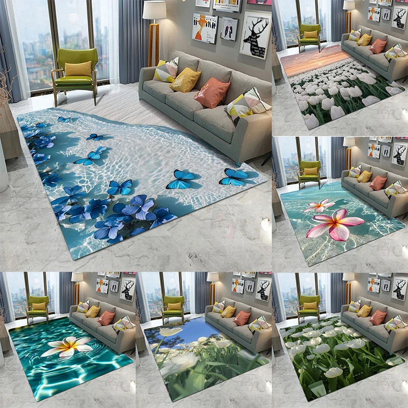 Bodenmatte mit Naturblumenmuster, verschiedene Stile mit Blumen, Schmetterlingen und Wasserszenen, rutschfester Teppich für die Inneneinrichtung Image