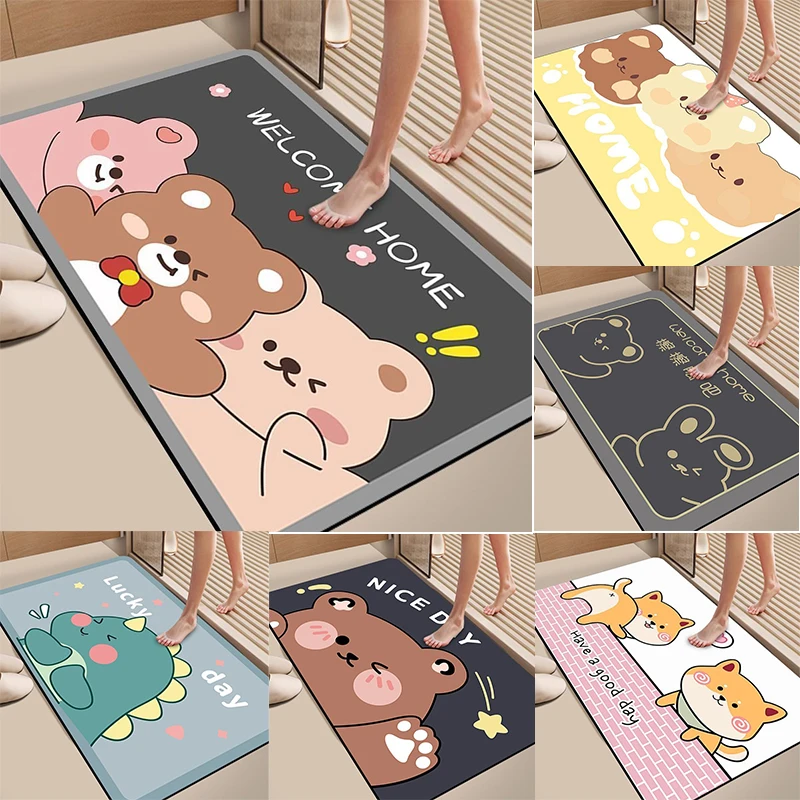 Kieselalgen-Schlamm-Badezimmermatte, Cartoon-Bär, Trio-Muster, schnell trocknender, saugfähiger Teppich, rutschfeste Toilettentürmatte mit „WILLKOMMEN HOME“-Text Image