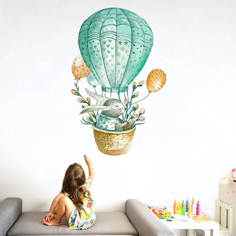 1 Stück Aquarell grünes Kaninchen Heißluftballon Wandaufkleber für Zimmer Schlafzimmer Home Decor Wandtattoos