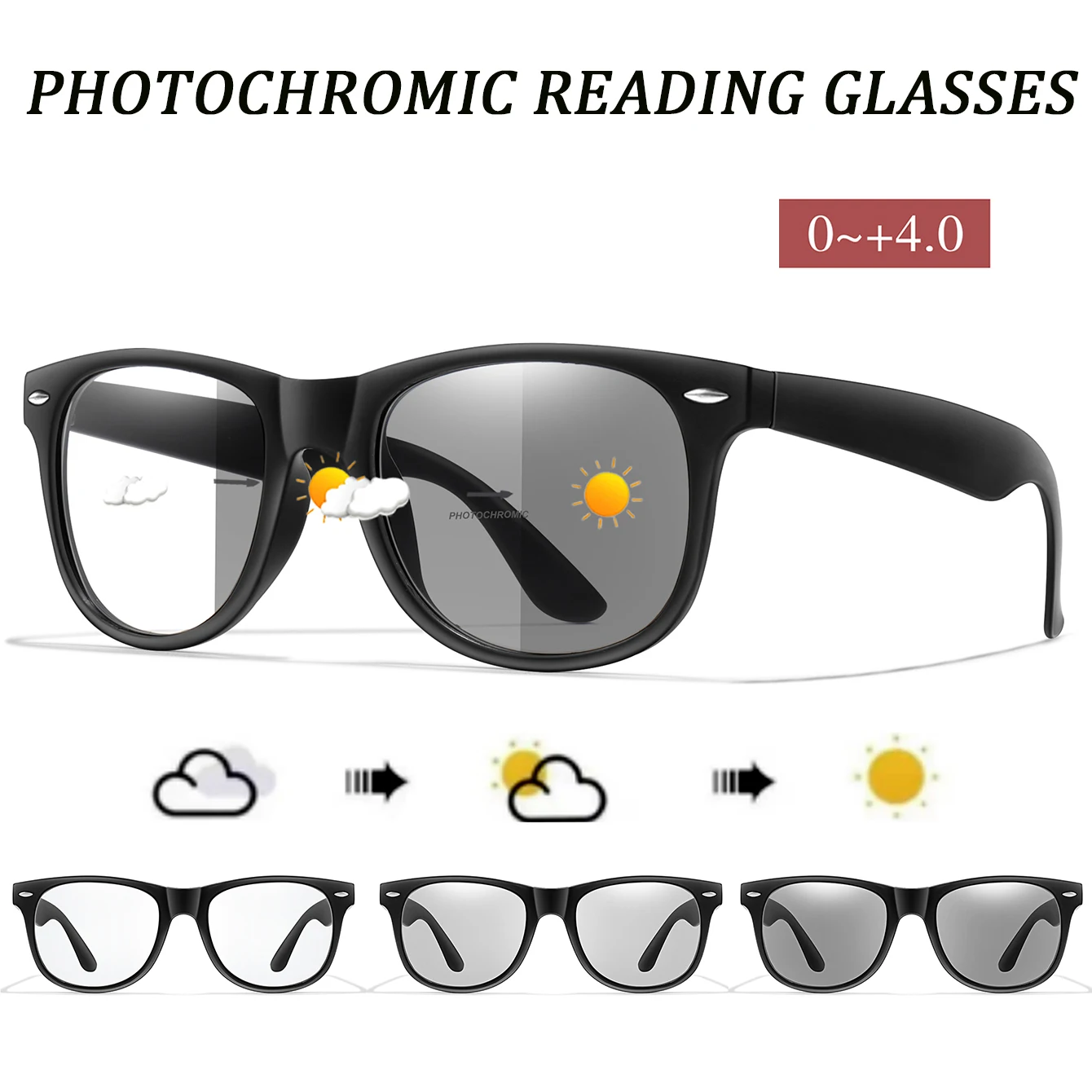 Klassische photochrome Lesebrille quadratisch Metallrahmen Presbyopie-Brille Anti-Blaulicht-blockierende ultraleichte Brille +150 +200 Image