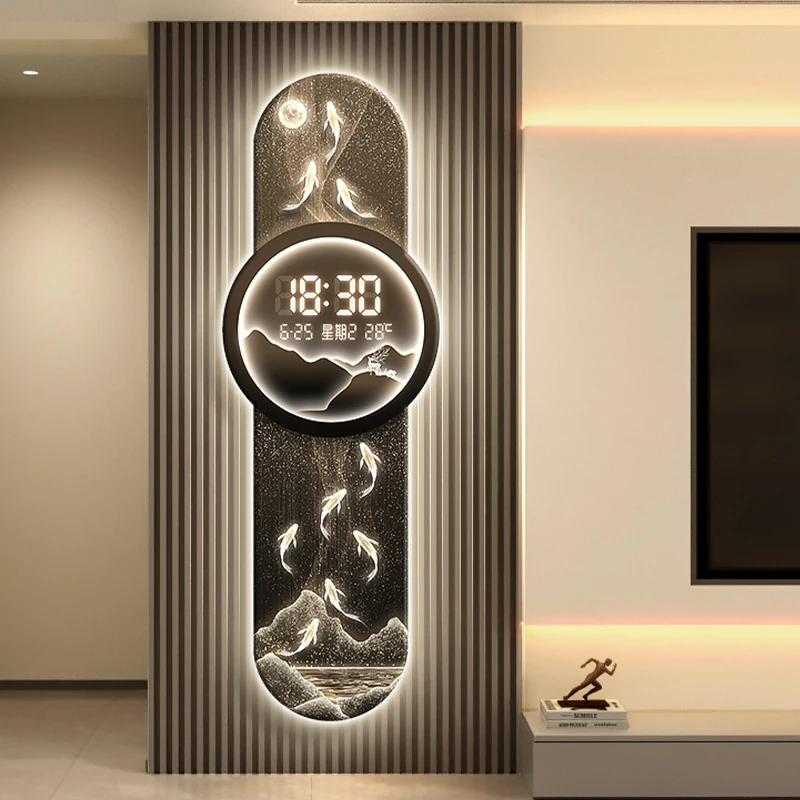 LED Wanduhr Neun Fische Bild Wohnzimmer Elektronische Uhr Temperatur Mit Datum Digital Uhr Korridor Hause Dekoration Image