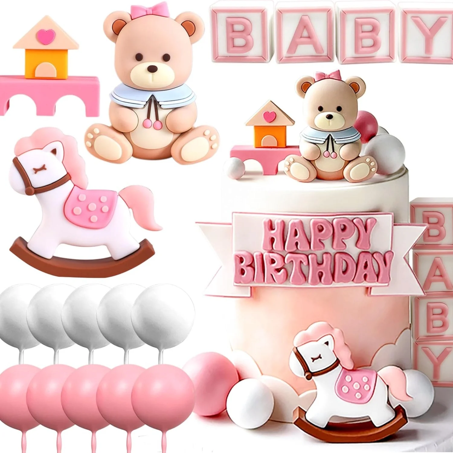 LaVenty Rosa Bär Kuchen Dekoration Blau Gold Kugeln Kuchen Topper Bären Kuchen Kuchen Dekoration Baby Dusche Geburtstag Kuchen Dekoration