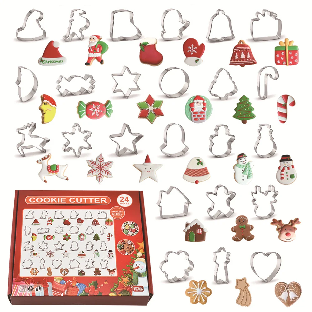 24pcs Weihnachten Aus stecher Edelstahl Keksform Backwerk zeug Weihnachten Thema Schneeflocke Santa Claus Kuchen Keksform Image