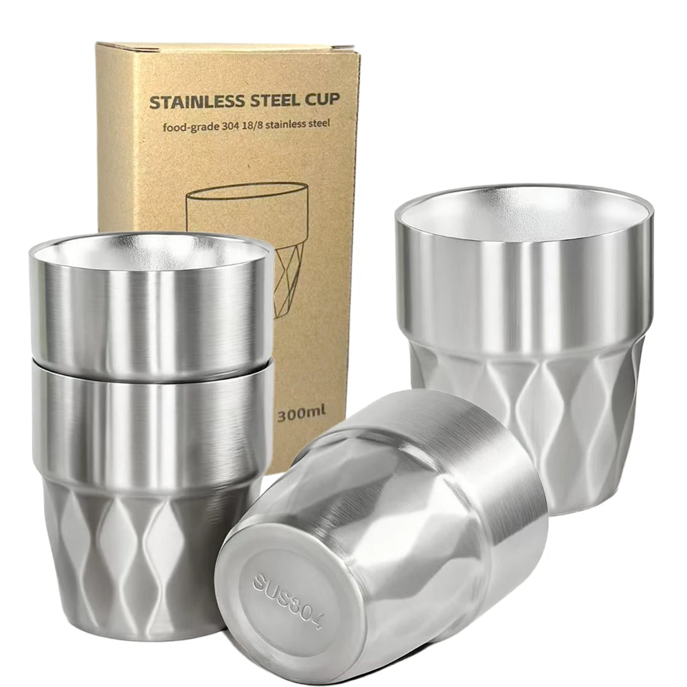 4er-Pack Becher aus Edelstahl, Metallbecher, 10 Unzen, doppellagig, isoliert, 300 ml, Metall-Trinkgläser für Camping, Outdoor, Party Image