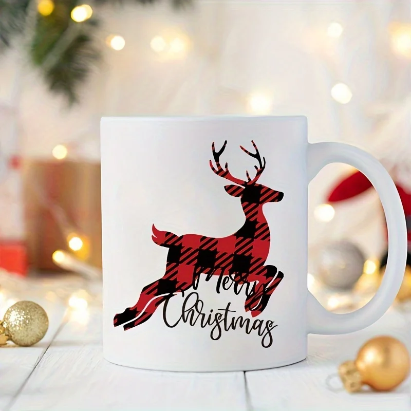 4 Stück Weihnachtsaufkleber für Tassenaufkleber – rot kariertes Rentier mit „Merry Christmas“-Text, Image