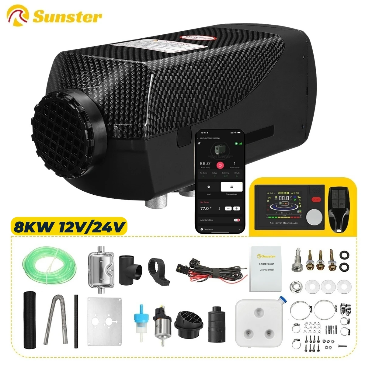 Sunster 8KW Diesel-Luftheizung 12V 24V Geräuscharme Standheizung mit LCD-Panel & Bluetooth-App-Steuerung für Wohnmobil, Auto, LKW, Zuhause Image