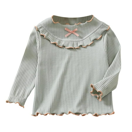 Thetops Infant Girl Cotton Long Sleeve Top - 1-2T Gray Ruffled Collar with Bow Soft Breathable Casual Kids Shirt for Daily Wear