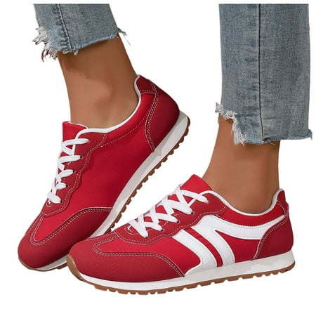 Dakaela Sneakers for Women Leather Suede Patchwork Non Slip Casual Walking Shoes Gym Tennis Running Wide Toe Box Shoes Red 7