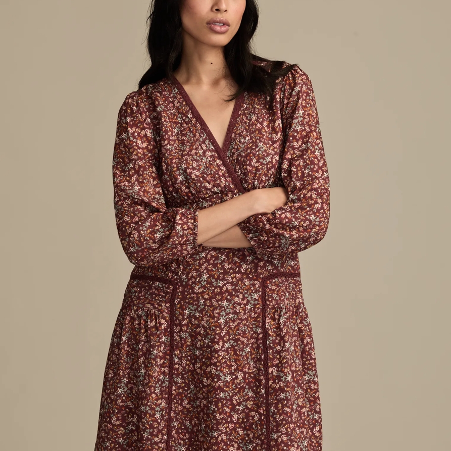 Lucky Brand 3/4 Sleeve V-Neck Mini Dress - Women's Clothing Dresses Mini Dress in Brown Multi, Size S