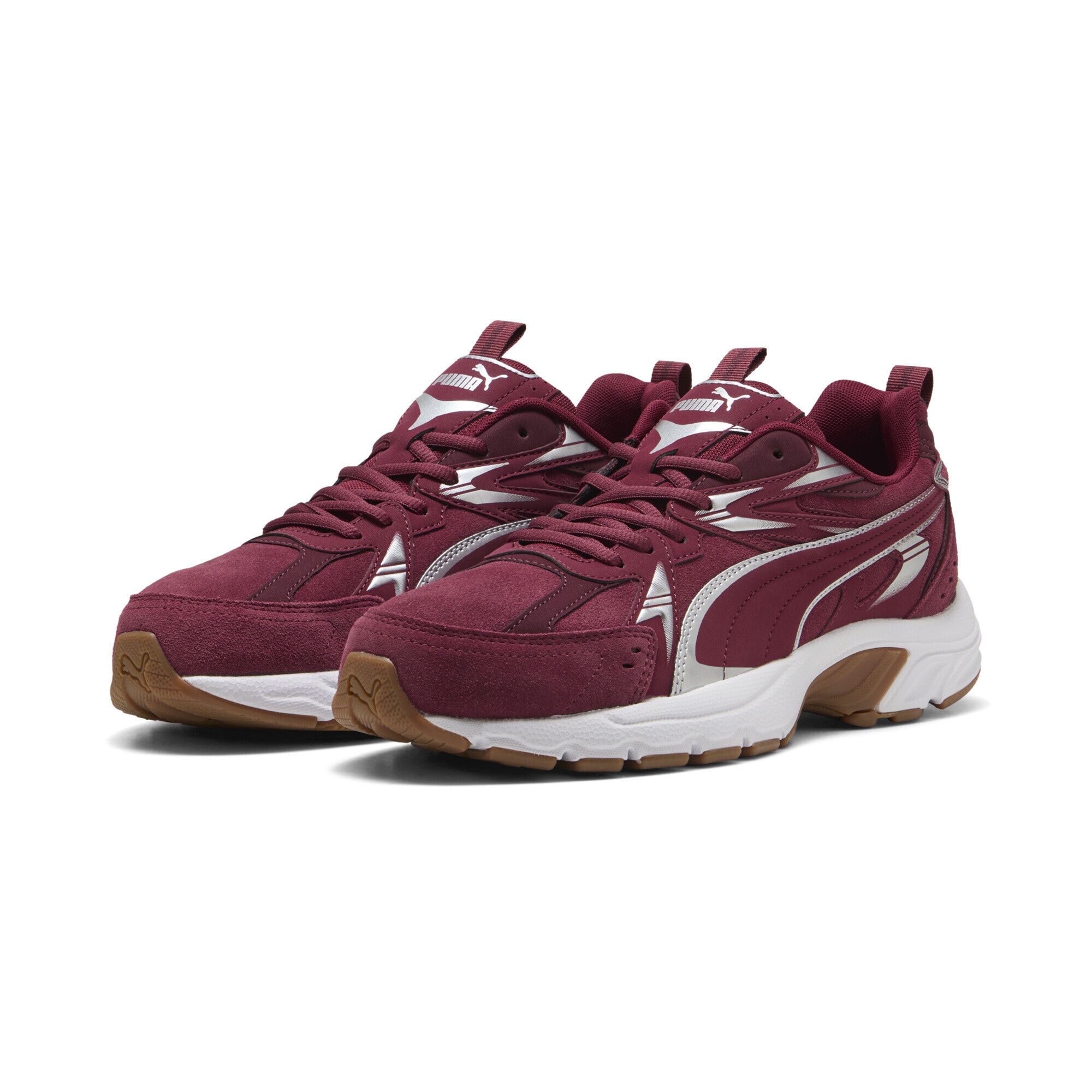 Sneaker PUMA "Milenio Tech Sneakers Erwachsene", Gr. 39, silber (team regal rot silber ruby shimmer metallic), Obermaterial: Textil, Kuhleder, Synthetik; Futter: Textil; Innensohle: Textil; Laufsohle: Gummi, Schuhe