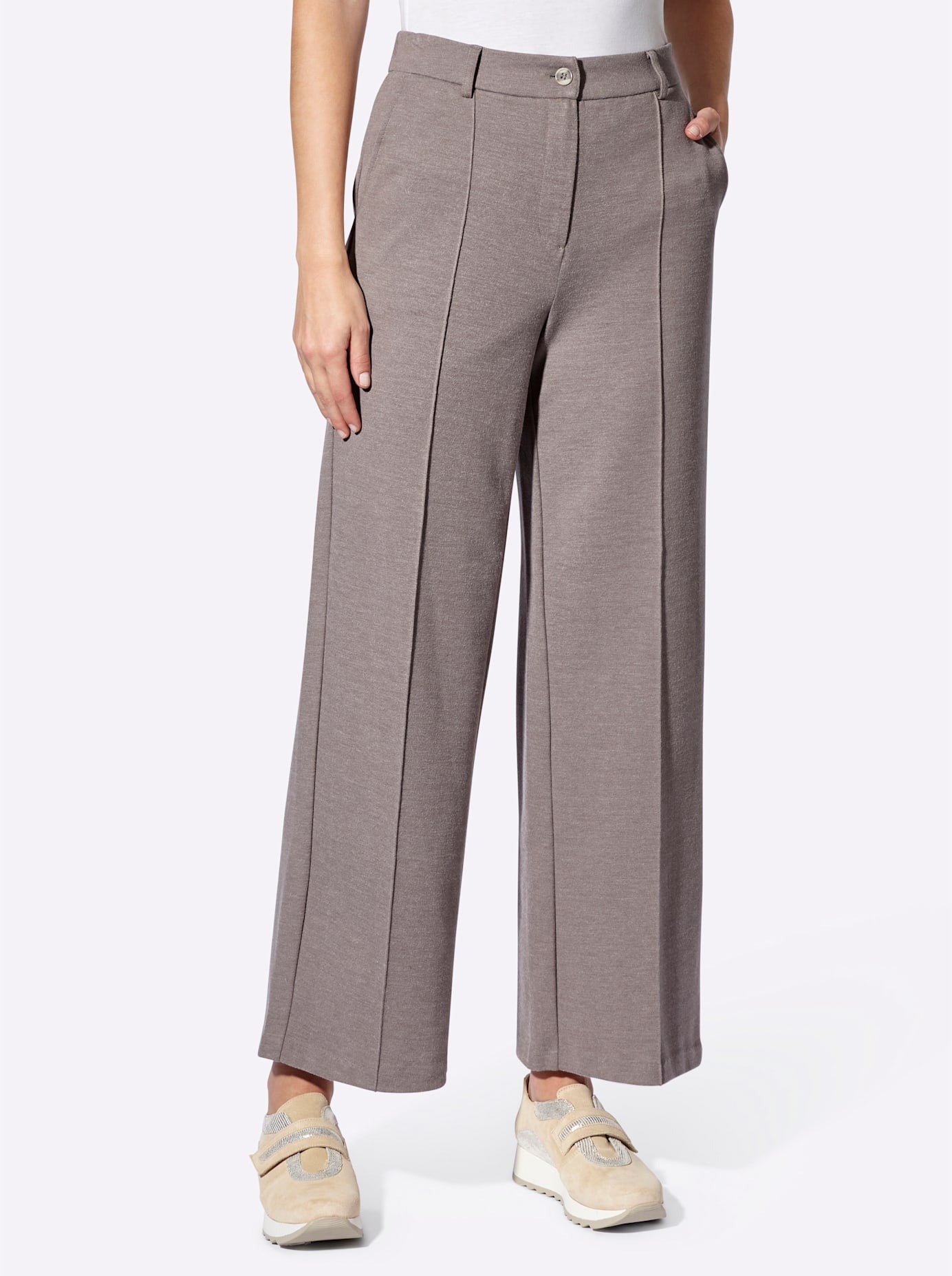 Jerseyhose HEINE, Damen, Gr. 44, Normalgrößen, beige (beige, taupe, meliert), 48% Polyester, 38% Baumwolle, 14% Viskose, meliert, unifarben, Hosen Jerseyhose