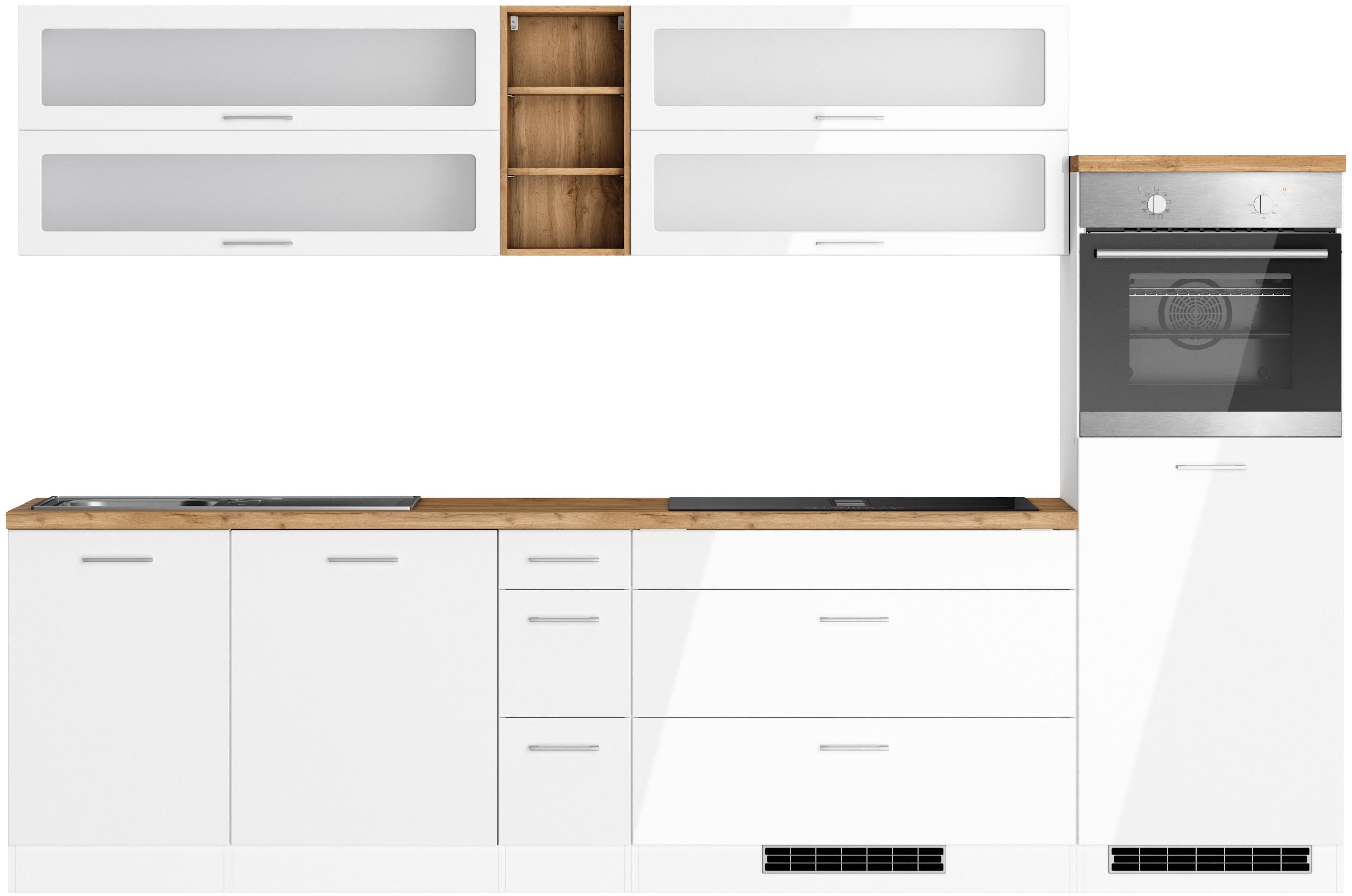 Küchenzeile KOCHSTATION "KS-Milan, optional mit Muldenlüfter", küche: weiß, front: weiß hochglanz, korpus: weiß matt, arbeitsplatte: wotaneichefarben, B:300cm H:166cm T:60cm, Komplettküchen-Sets, Breite 300 cm, wahlweise mit E-Geräten, Kochfeld mit... Image