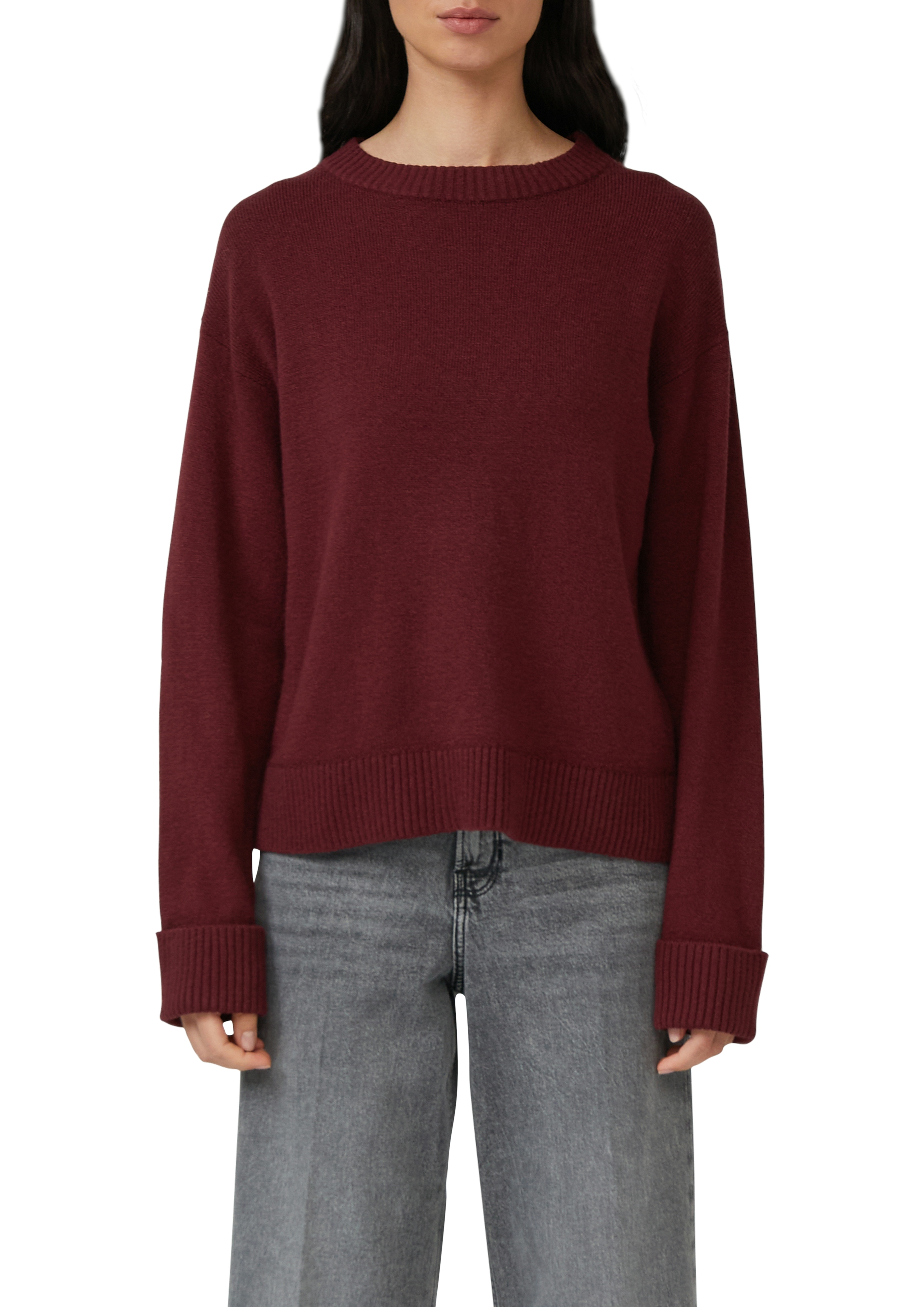 Strickpullover S.OLIVER, Damen, Gr. 44, rot (dunkelrot), Strick, Obermaterial: 50% Baumwolle, 25% Polyamid, 14% Polyacryl, 8% Wolle, 3% Elasthan, unifarben, hüftbedeckend, Rundhals, Bündchen, Pullover Strickpullover, mit Rundhals