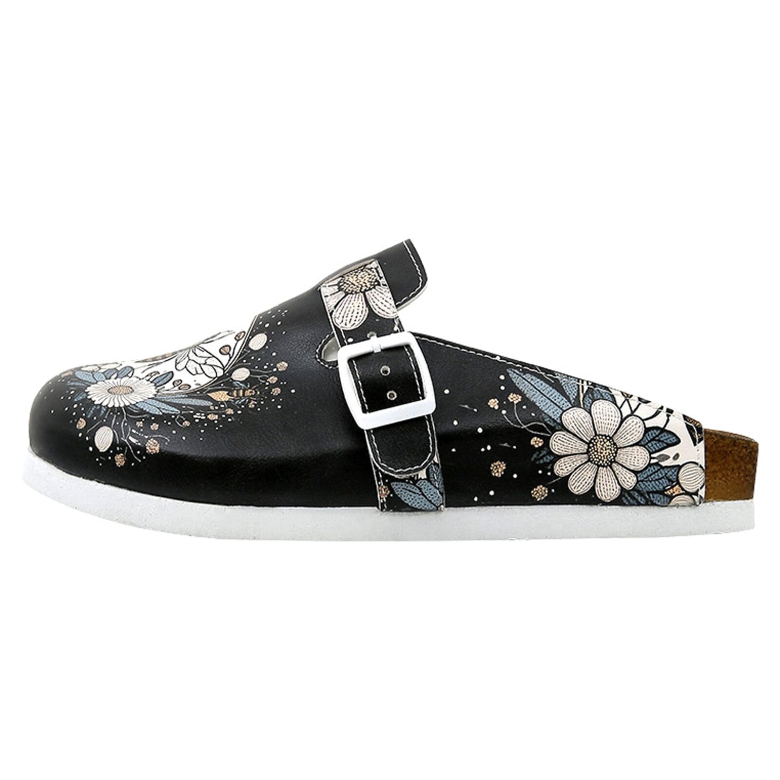 Hausschuh DOGO "Comfie Pantoletten Hausschuhe Bee With Flowers Damen Sandalen", Damen, Gr. 41, Normalschaft, schwarz, Lederimitat, Schuhe, Handgefertigt