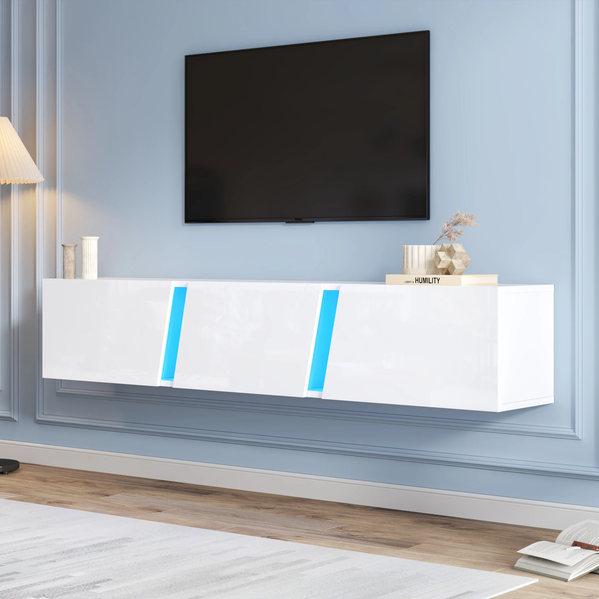 180 x 35 x 30 cm, meuble TV mural, meuble TV lowboard avec lumières LED, meuble TV avec 3 portes d'armoire, adapté pour 75 pouces