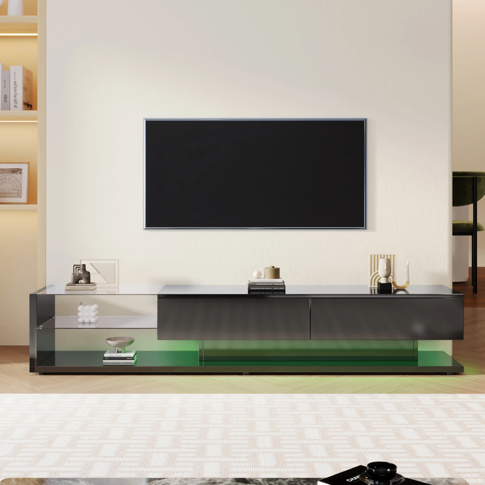 Anajqaqia Meuble TV 170×36×38 cm, meuble de rangement, meuble bas avec cloisons en verre et éclairage LED, style moderne, noir