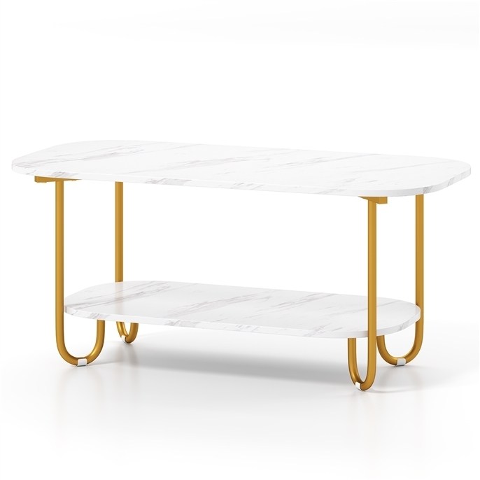 COSTWAY Gold Couchtisch, Beistelltisch, Marmor Look, Couchtisch mit Metallrahmen, Wohnzimmer Tisch Image