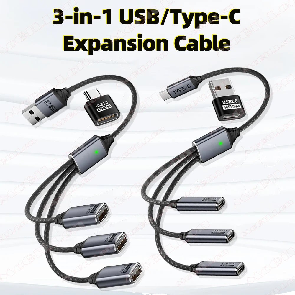 Câble séparateur USB A Type C 3 en 1, Hub USB 2.0, adaptateur convertisseur OTG avec transfert de données de charge pour Smartphone, ordinateur portable, tablette