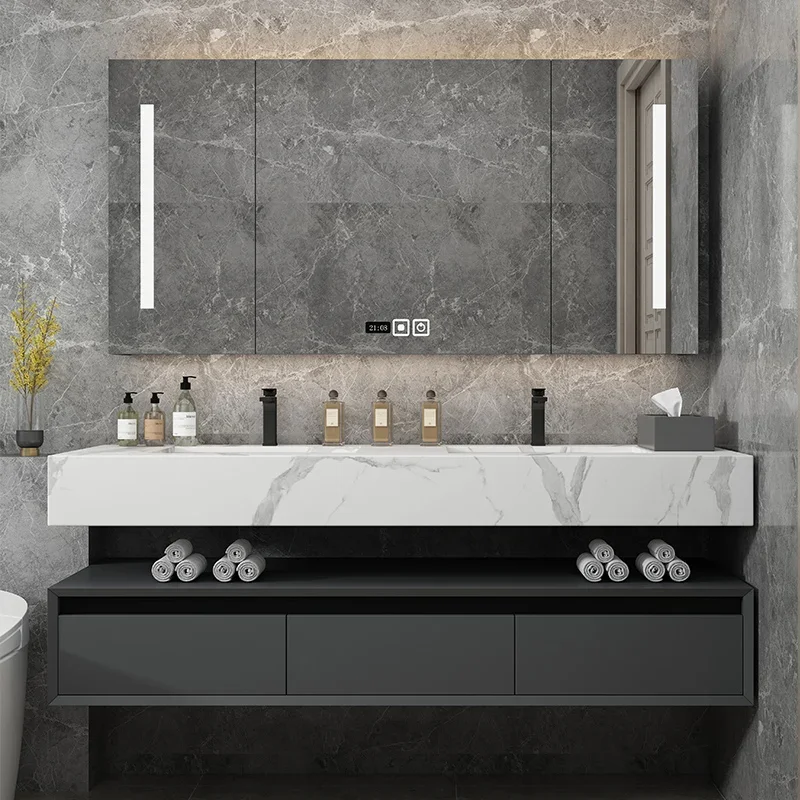 Leichter, luxuriöser Badezimmerschrank aus Steinplatten, integriertes Waschbecken, kombiniertes Waschbecken, WC-Waschbecken, nordischer einfacher Spiegelschrank