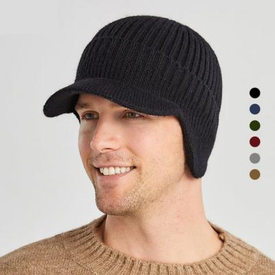 Outdoor Riding Elastic Warm Ear Protection Knitted Hat, Men Winter Beanie with Fleece Lining, Thick Warm Wool Hat, Knitted Earflap Cap for Cold Weather