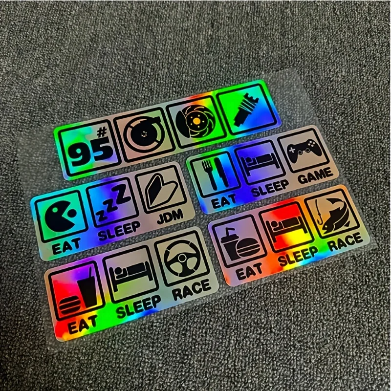 5 TEILE/SATZ JDM – Stil Autoaufkleber-Set – holografische und schwarze Aufkleber mit „EAT SLEEP“-Motiven und Autosymbolen Image