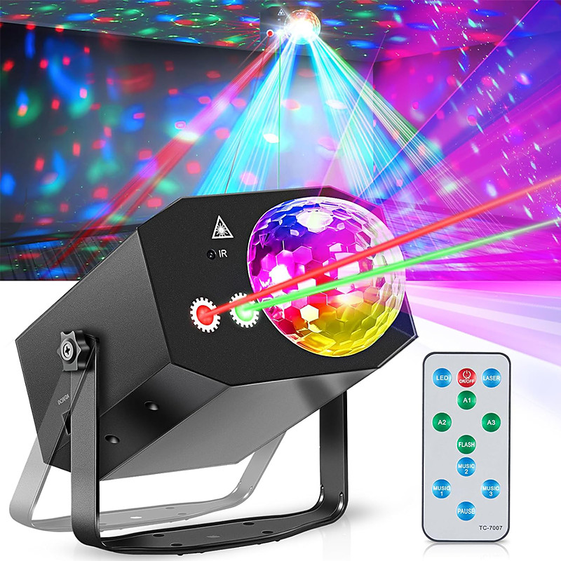 DJ Laser Party Lights Disco Light with RGB Strobe Light Show Music Sound Activated/Remote Control for DJ Parties Stage Karaoke Club Home Birthday