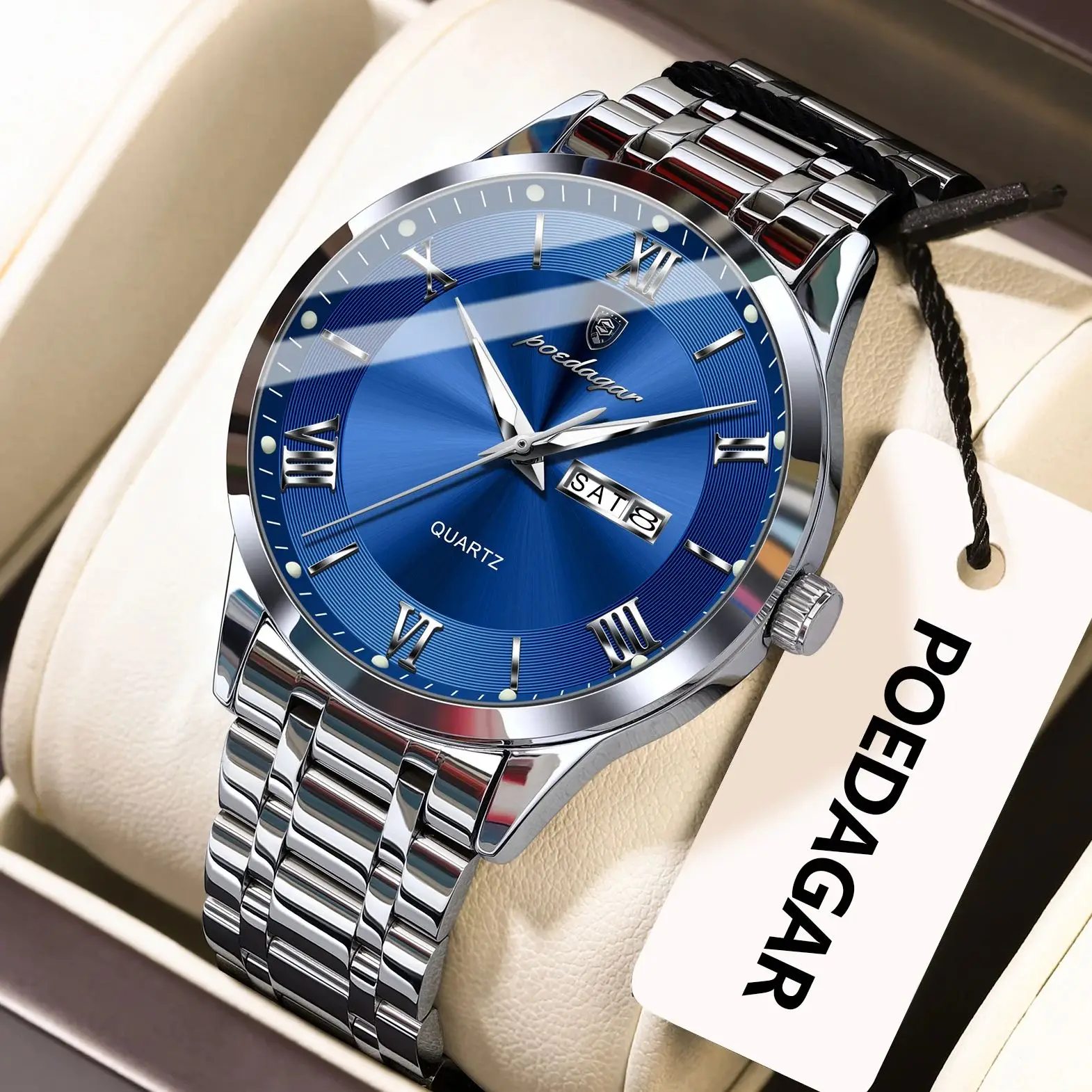 POEDAGAR Luxus Mann Uhr Wasserdicht Leucht Woche Datum Mode Männer der Armbanduhr Edelstahl Business Quarz Uhren Für Männer Image