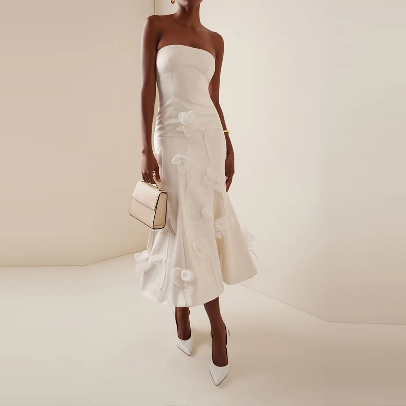 Mode Hohe Taille Weißes Kleid Elegante Blume Dekoration Kleider Langes Kleid Frauen Sexy Liebsten Ärmellose Slim Fit Party Kleid Image