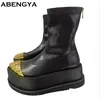 Dicke Untere Plattform Stiefeletten Für Frauen Gold Finger Flache Ritter Stiefel Winter Schuhe Schwarz Leder Party Kurze Stiefel Frau