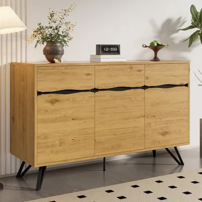 Modern Wooden Sideboard With Metal Legs 3-door Large Storage Spce, Stable Suitable For Living Room, Dining Room, Hallway