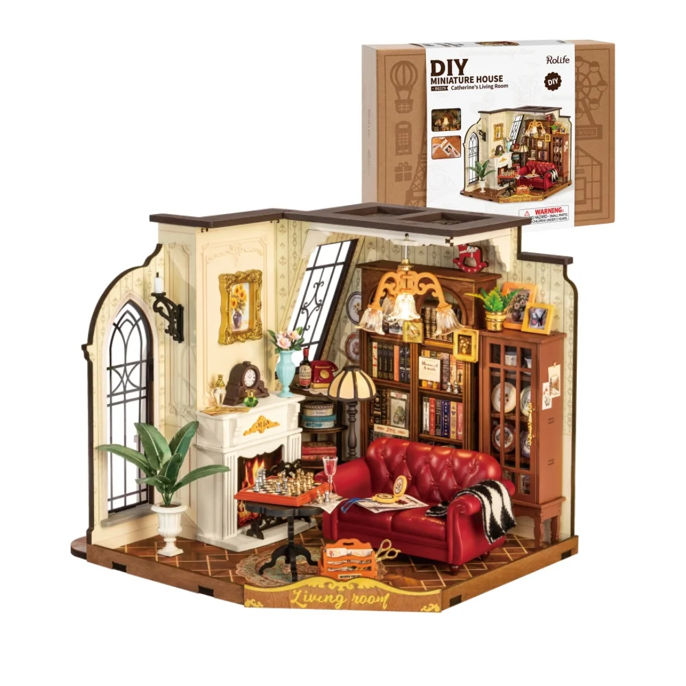 Robotime Rolife Catherine Soggiorno Kit casa in miniatura fai-da-te Kit di costruzione modello casa delle bambole in legno con LED e mobili DG175